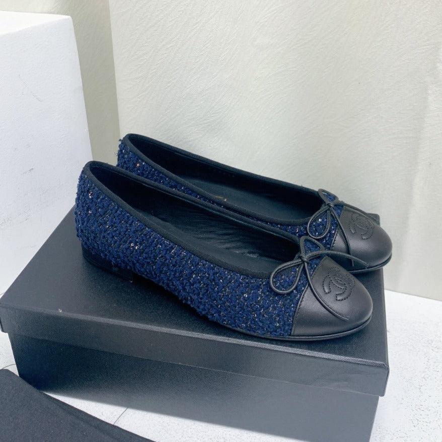 CHANEL ballet flat dark blue tweed black grosgrain