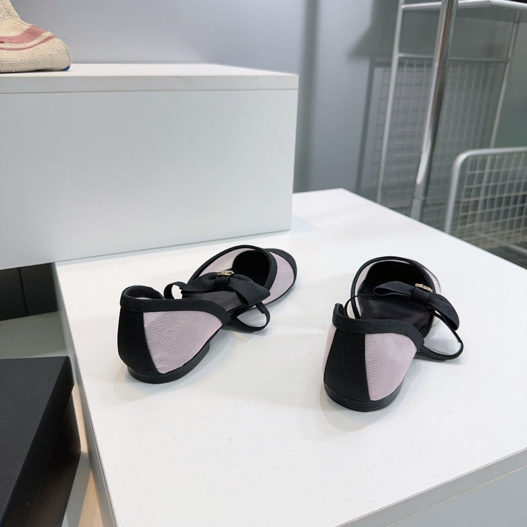 CHANEL FLAT MARY JANE SHOES 25S IN LIGHT PURPLE MIX BLACK MESH FABRIC EMBOSSED LOGO WITH BOW