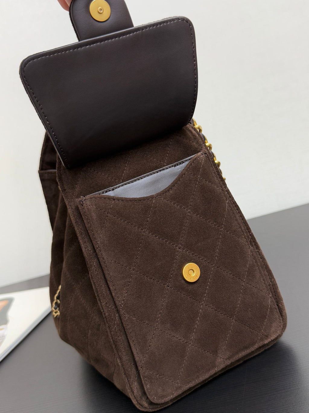 CHANEL 25S HOBO BAG 30 CM IN DARK BROWN SUEDE WITH GOLD HARDWARE