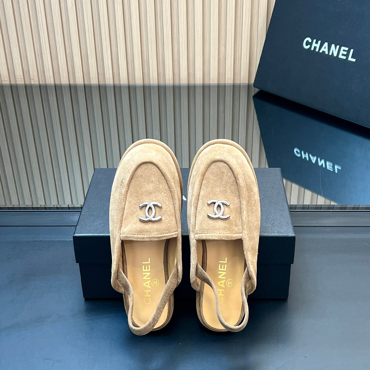CHANEL 25S BACK STRAP MULE 15MM IN LIGHT BROWN SUEDE SILVER HARDWRE