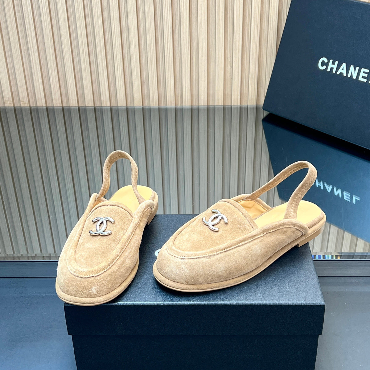 CHANEL 25S BACK STRAP MULE 15MM IN LIGHT BROWN SUEDE SILVER HARDWRE