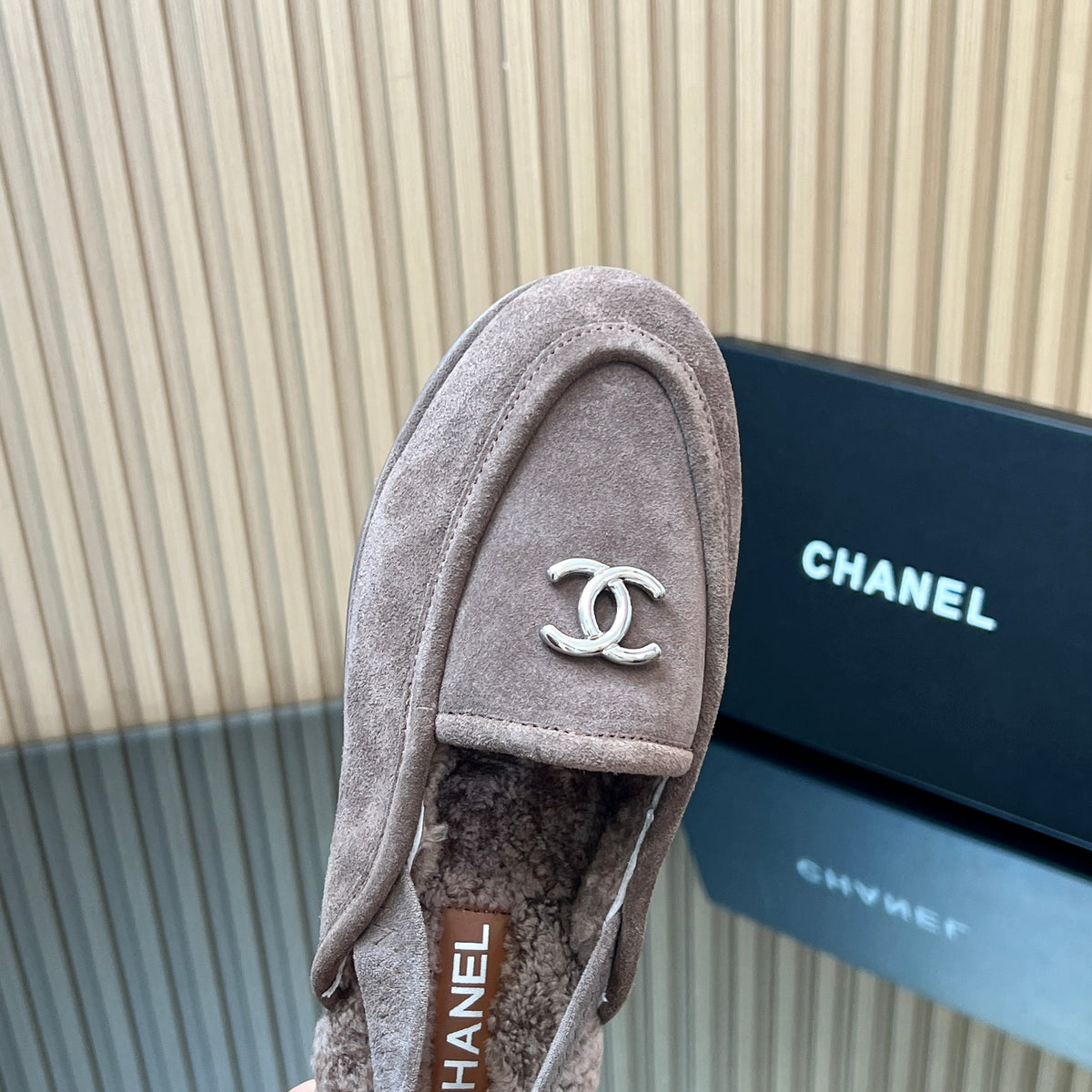 CHANEL 25S BACK STRAP MULE 15MM IN TAUPE GRAY SUEDE AND WOOL SILVER HARDWRE