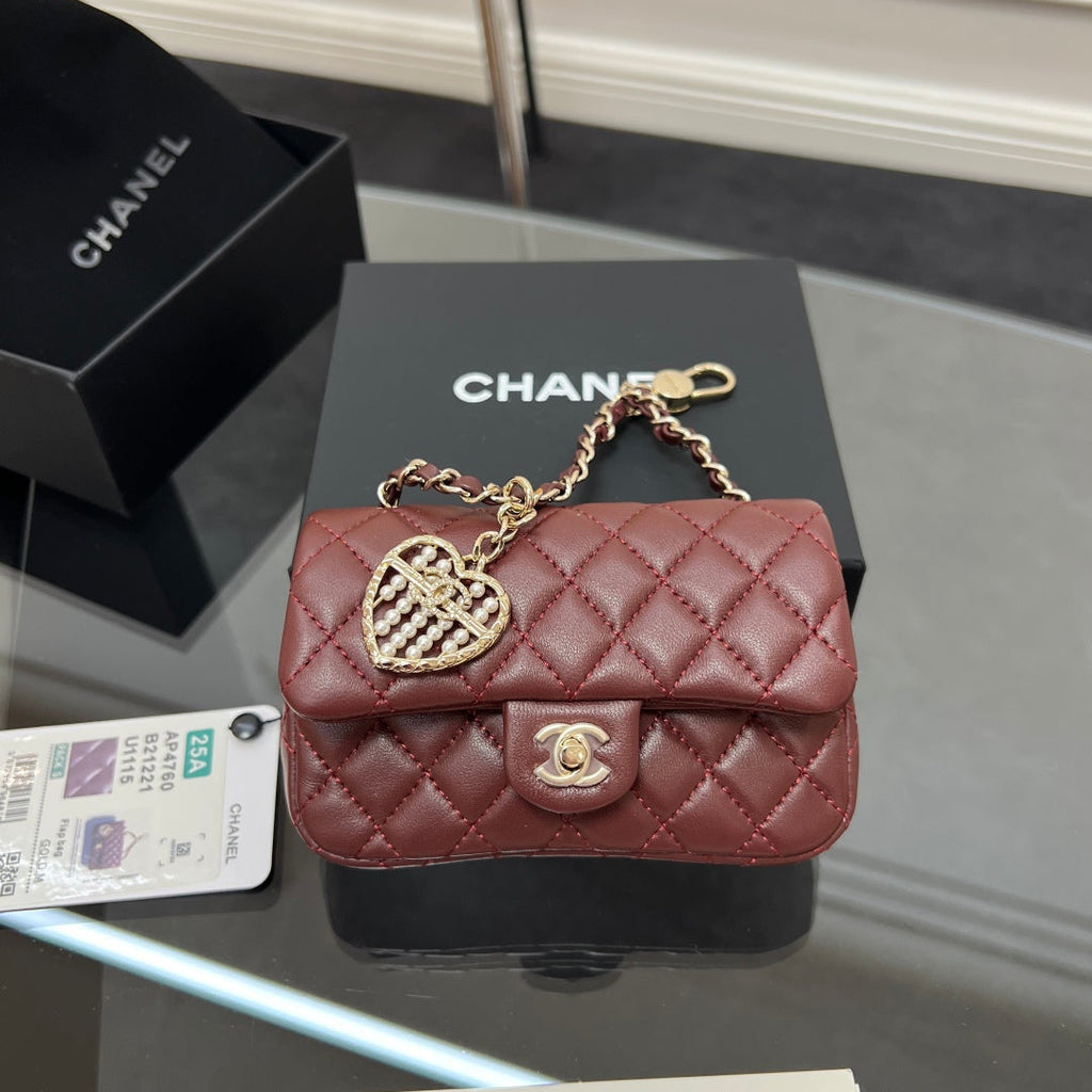 CHANEL 25S FLAP CHARM BAG 13 IN DARK RED LAMBSKIN