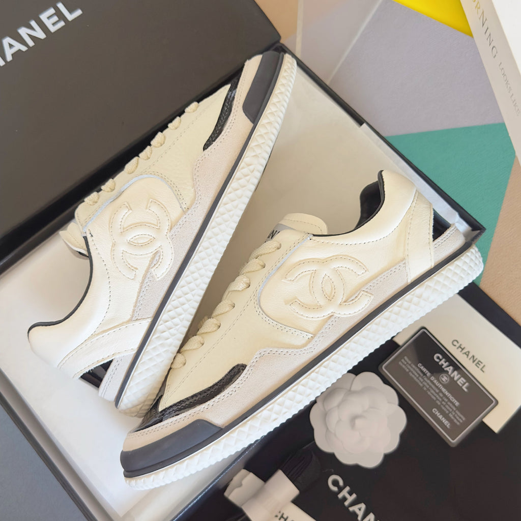 CHANEL 25S SNEAKERS WITH PATENT TOE 20MM IN WHITE CALFSKIN