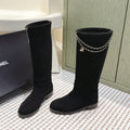 CHANEL 25S KNEE-HIGH BOOTS IN BLACK SUEDE GOLD HARDWARE