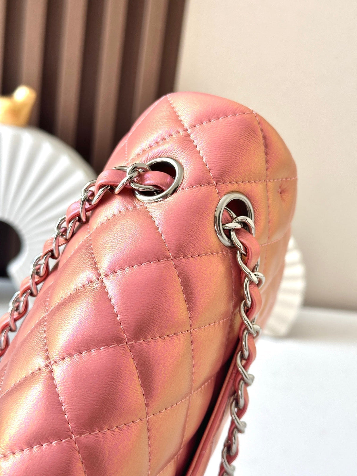 CHANEL 25S CLASSIC FLAP BAG 26 IN PEARL PINK LAMBSKIN WITH SILVER HARDWARE