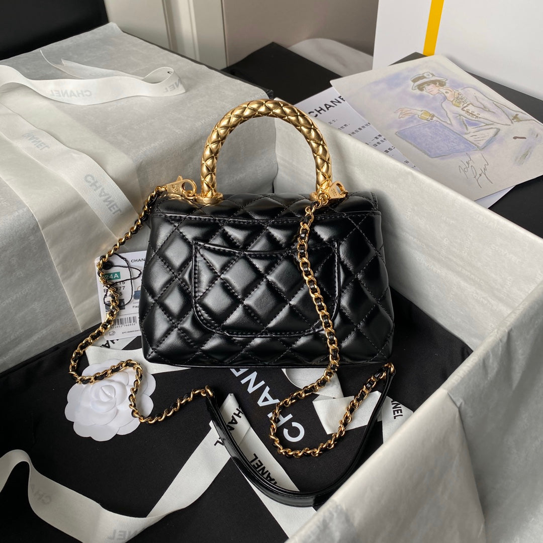 CHANEL 25S CLASSIC COCO HANDLE BAG 19 CM IN BLACK LAMBSKIN WITH GOLD HARDWARE