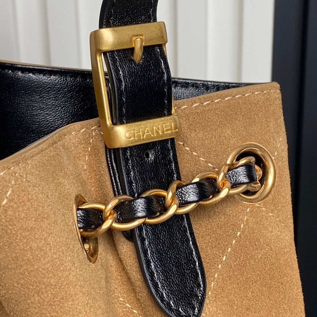 CHANEL 25S HOBO BAG 33 IN BROWN SUEDE AND BLACK CALFSKIN WITH GOLD HARDWARE