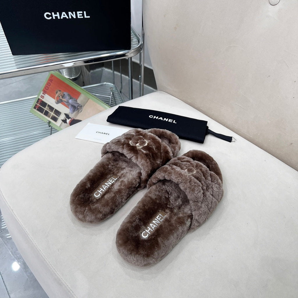 CHANEL 25S FUR SLIPPERS WITH EXPOSED-STITCH STRAPS IN DARK BROWN