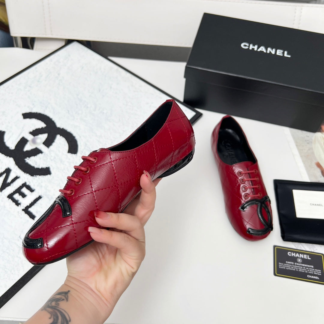 CHANEL 25S DANCE SHOES WITH PRINTED LOGO IN BURGUNDY CALFSKIN