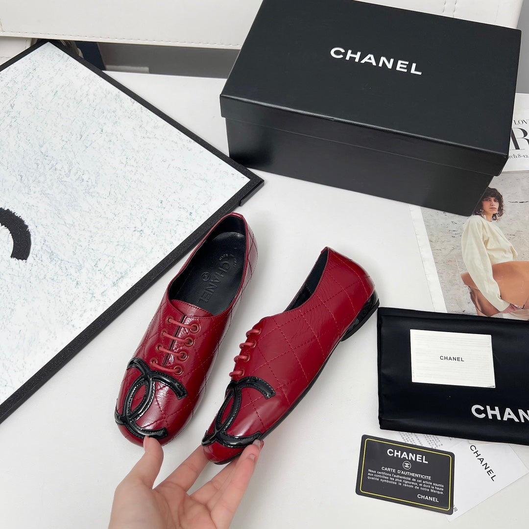 CHANEL 25S DANCE SHOES WITH PRINTED LOGO IN BURGUNDY CALFSKIN