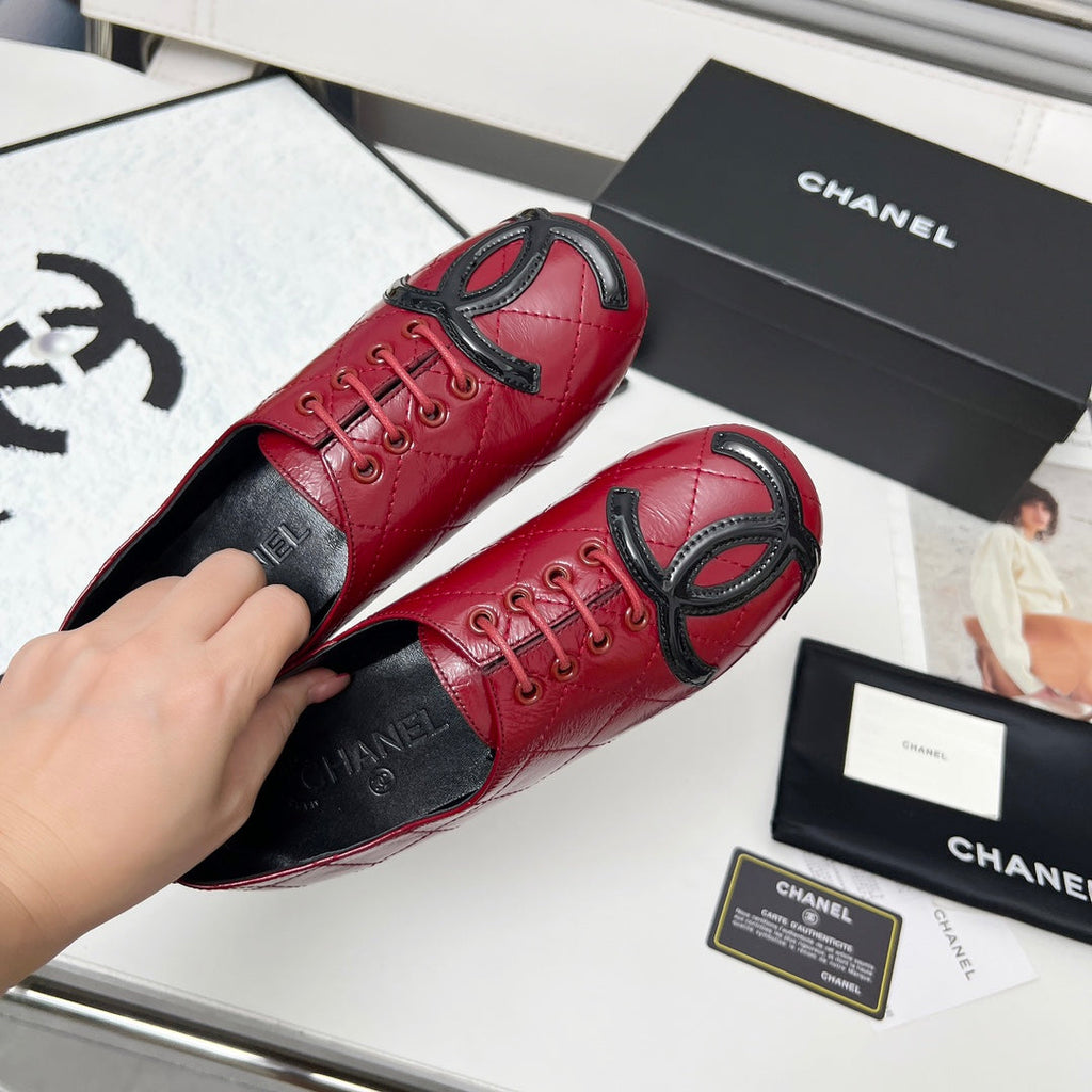 CHANEL 25S DANCE SHOES WITH PRINTED LOGO IN BURGUNDY CALFSKIN