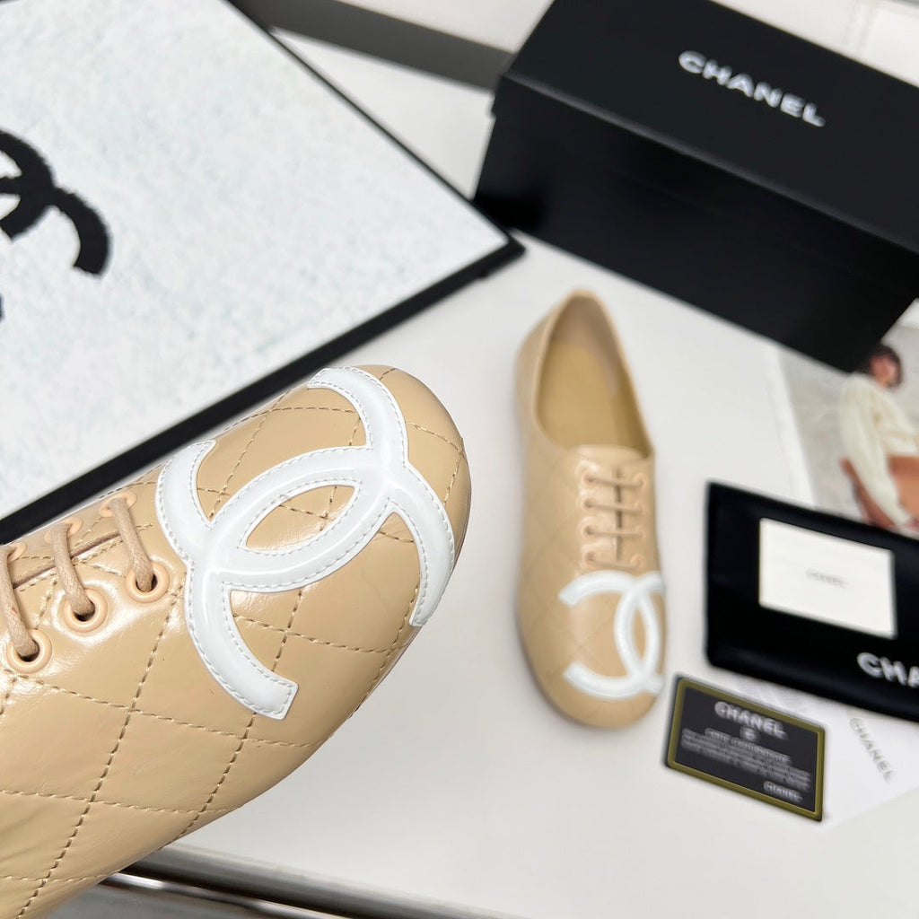 CHANEL 25S DANCE SHOES WITH PRINTED LOGO IN BEIGE CALFSKIN
