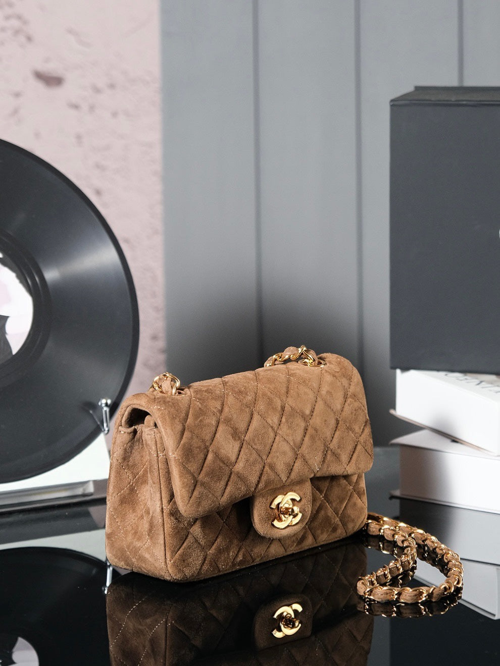 CHANEL 25S FLAP BAG 20 IN BROWN SUEDE WITH GOLD HARDWARE