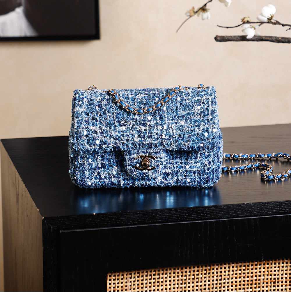 CHANEL 25S FLAP BAG 21 CM IN BLUE SEQUINED TWEED WITH GOLD HARDWARE