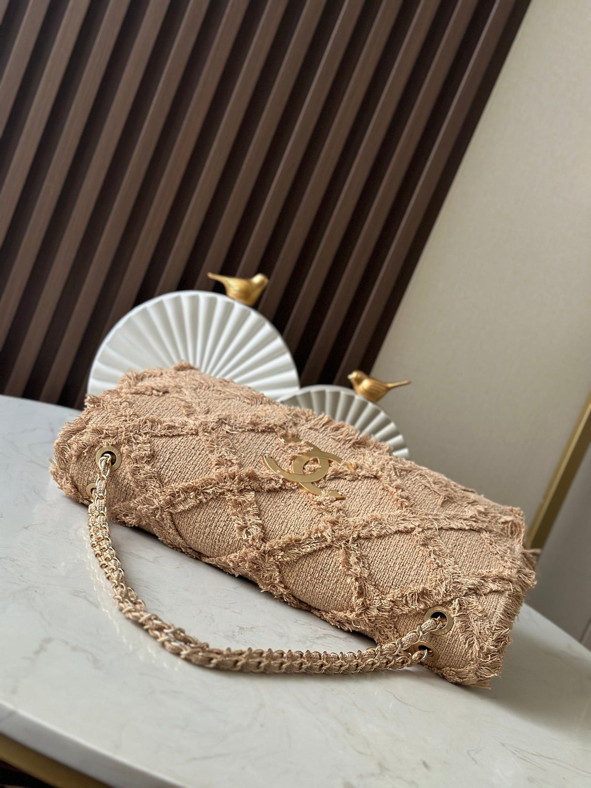 CHANEL 25S FLAP BAG 38 IN BEIGE FABRIC