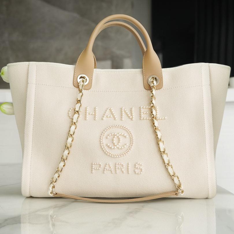 CHANEL TOTE BAG 39 ATTACHED PEARL LOGO IN BEIGE CANVAS GOLD HARDWARE