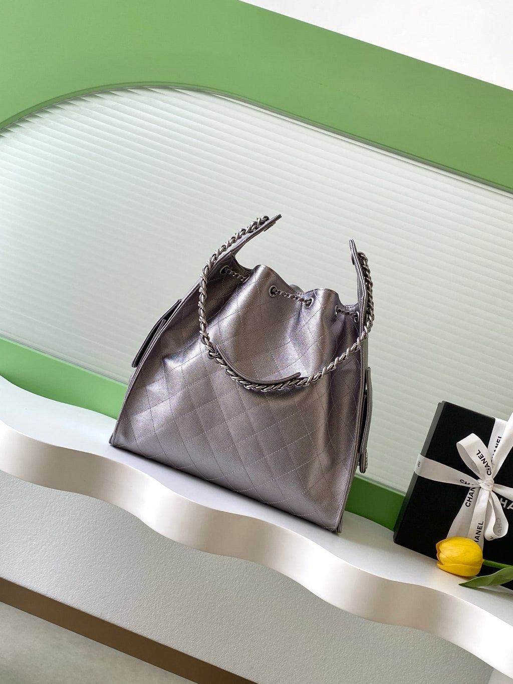 CHANEL 25S HOBO BAG 40 IN LILAC SILVER METALLIC CAVIAR