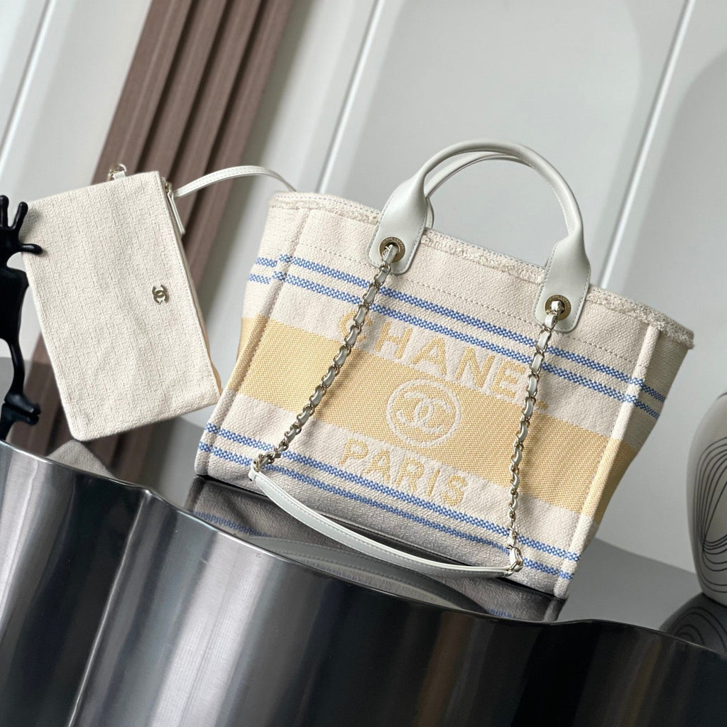CHANEL 25S SHOPPING BAG 35 IN CREAM WHITE AND YELLOW CANVAS
